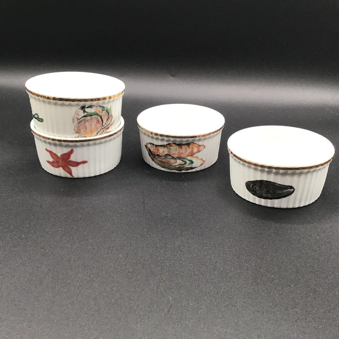 Gold Rim Ramekin Apilco Porcelain Ramekins Set of 4, Seafood Themed, Gold Rim - Etsy