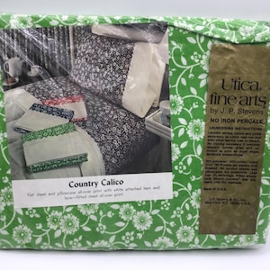 Vintage Country Calico twin fitted sheet from Utica, bright floral green, new in original package
