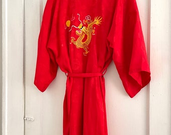 Vintage Red Silk Robe w/ Dragon Embroidery Dragon