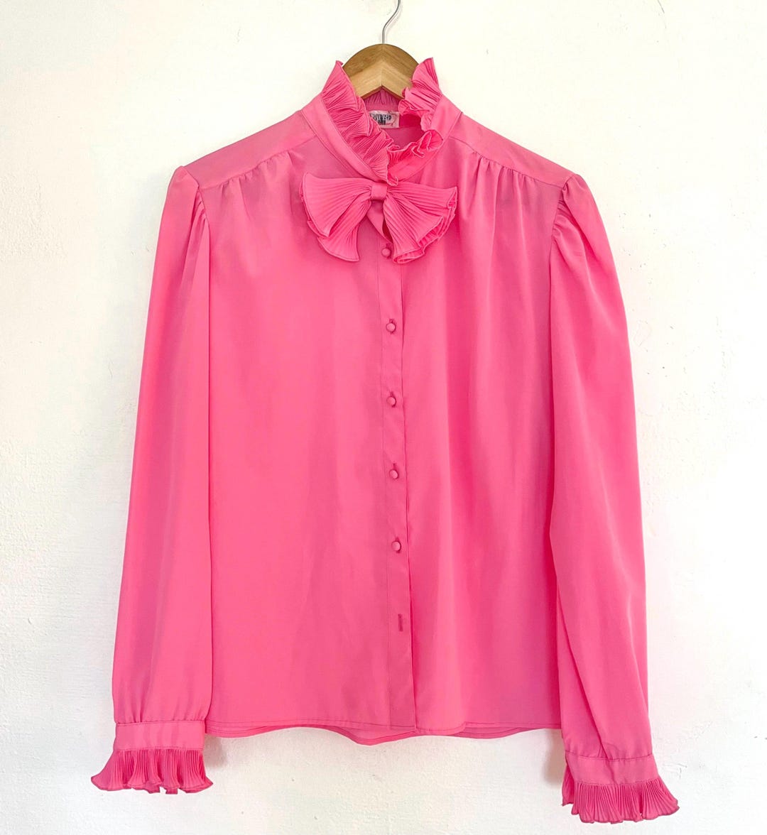 1960s Vibrant Pink Ruffled Collar Bow Blouse Vintage Malbe Long 1960s-vibrant-pink-ruffled-collar-bow-blouse-vintage-malbe-long