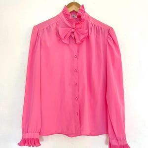 1960s Vibrant Pink Ruffled Collar Bow Blouse | Vintage Malbe Long Sleeve Hot Pink Button Up Top