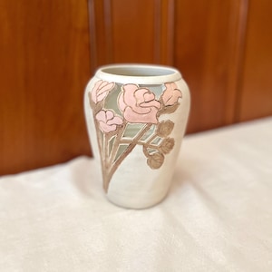 Vintage Art Nouveau Style Rose Motif Vase | Ceramic Floral Studio Pottery w/ Cut Outs Signed by Artist
