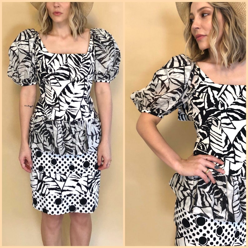Vintage 80s Bold Pattern Cocktail Dress w Puffy Sleeves Classic 80s Black /& White Puff Sleeve Party Dress