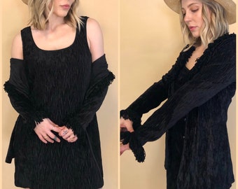 90s Sue Wong Velvet & Fringe Two Piece Set | Vintage Designer Brand Black Crushed Velvet Dress w/ Matching Sweater Cardigan Jacket