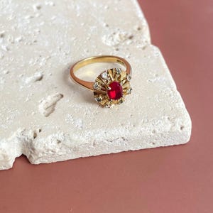 Vintage Gold Plated Faux Ruby Ring | Art Deco Rhinestone Halo | Size 7.5