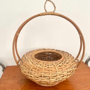 70s Bentwood Bamboo Hanging Plant Basket | Circular Vintage Woven Rattan Planter| Free Shipping