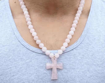 Genuine Rose Quartz Necklace with Rose Quartz Cross - Gift for Men/Woman - Spiritual Accessories - Religious Symbol