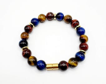 Red, Blue, Yellow Bracelet - Healing Jewelry - Men's Fashion - Gold Accents - Magnet Clasp