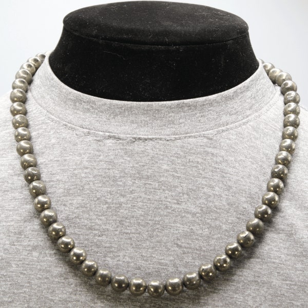 Collier en pyrite véritable - Cadeaux pour homme/femme - Diamètre des perles 6 mm/8 mm - Bijoux de prospérité - Pierre de protection