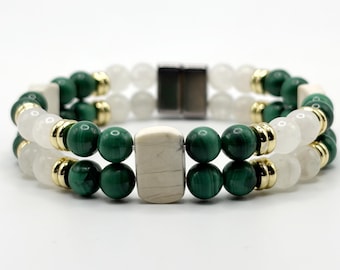 Malachite Howlite Moonstone Bracelet with Gold Spacers – Beaded Gemstone Bracelet – Magnetic Clasp – Unisex Balance Jewelry