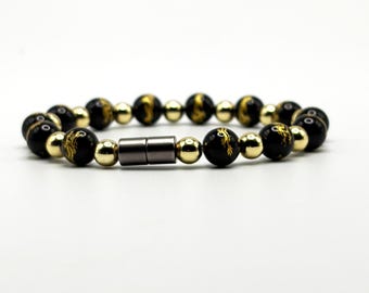 8mm Black Onyx Dragon Bracelet – Gold Spacer Beaded Bracelet – Magnetic Clasp – Mens Unisex Protection Jewelry