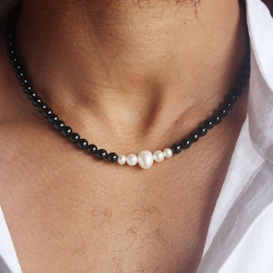 Onyx and Pearl Necklace for Men/Women Genuine Freshwater Pearl Jewelry with easy lock magnet clasp