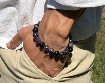 10mm Amethyst & Black Tourmaline Bracelet – Protection Bracelet – Magnetic Clasp – Grounding and Clarity Jewelry – Gift for Him
