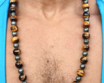 Handmade Pyrite & Tiger Eye Necklace: Mens Talisman, 24 Inch