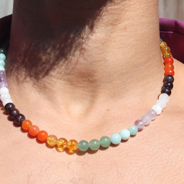 Genuine Gemstone Chakra Necklace Garnet Carnelian Citrine Aventurine Amazonite Amethyst Moonstone Crystal Chakra Necklace for Men/Women