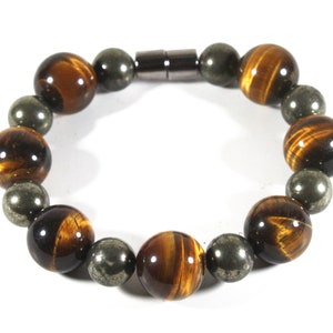 Tiger Eye & Pyrite Bead Bracelet For Men And Women - Confidence - Protection -Super Strong Magnetic Clasp