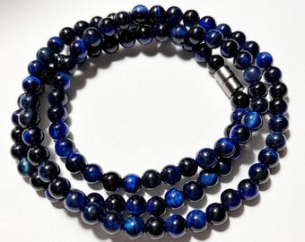 6mm Blue Tiger’s Eye Necklace – Mens Beaded Necklace – Magnetic Clasp – Focus & Confidence Crystal Jewelry – Unisex