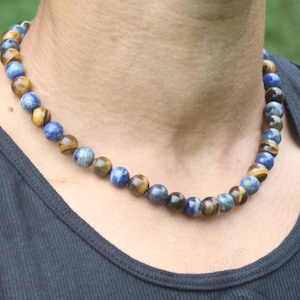 Lapis Lazuli and Yellow Tiger Eye Necklace – Genuine Gemstone Jewelry - 10mm Beaded Choker