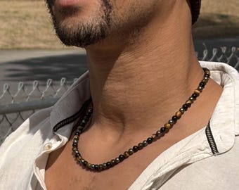 6mm Tiger’s Eye, Black Onyx and Hematite Necklace Unisex Gemstone Jewelry