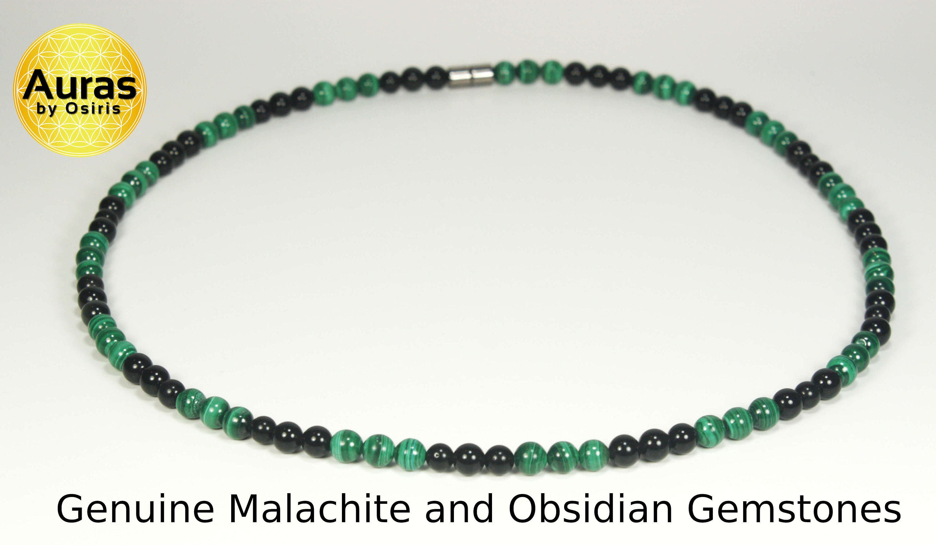 Collier De Perles Ancien En Obsidienne Noire Et Malachite Verte - Pierres Naturelles, Bel état
