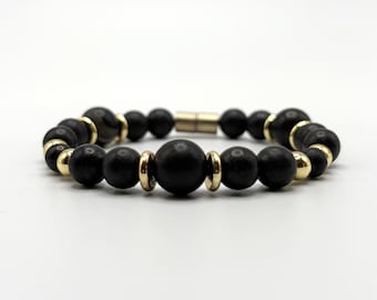 Black Shungite Bracelet with Gold Spacers – Magnetic Clasp Bracelet – Grounding Energy Jewelry