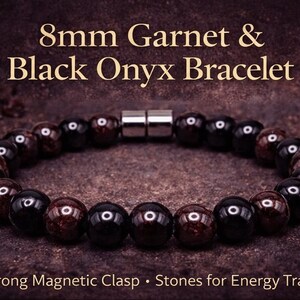 Black Onyx & Garnet Bracelet – Magnetic Clasp – Energy Protection Jewelry