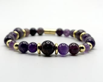 Amethyst Bracelet with Gold Spacers – Purple Gemstone Beaded Bracelet – Magnetic Clasp – Unisex Healing Jewelry