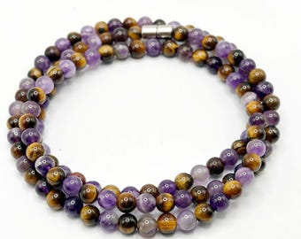Tiger Eye Amethyst & Necklace – 6mm Gemstone Beaded Neckless – Protection - Clarity Jewelry – Magnetic Clasp – Unisex