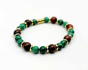 Red Tiger's Eye & Malachite Bracelet, Gold Accent Magnetic Clasp