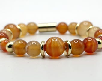 Carnelian Bracelet Graduated Beads – Gold Spacer Beaded Bracelet – Magnetic Clasp – Unisex Gemstone Jewelry