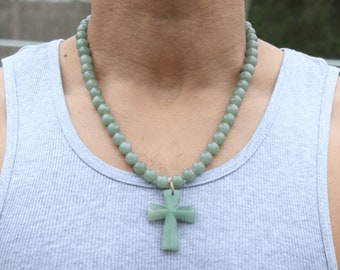 Green Aventurine Beaded Necklace with Cross Pendant