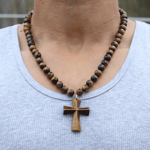 Cross Necklace for Men - Genuine Tigers Eye Neckless - Gift for Men/Woman - Spiritual Accessories - Religious Symbol