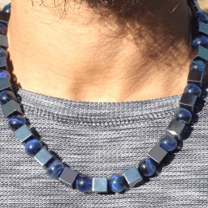 Hematite Necklace with Blue Tiger&#39;s Eye Necklace - Gifts for Men/Women - Handmade Elegance for Grounding and Insight
