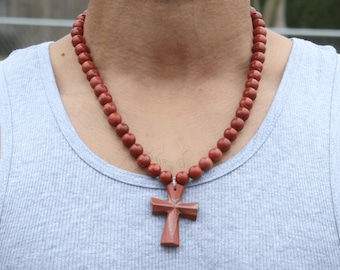 Red Jasper Cross Necklace: Spiritual Stone Bead Jewelry