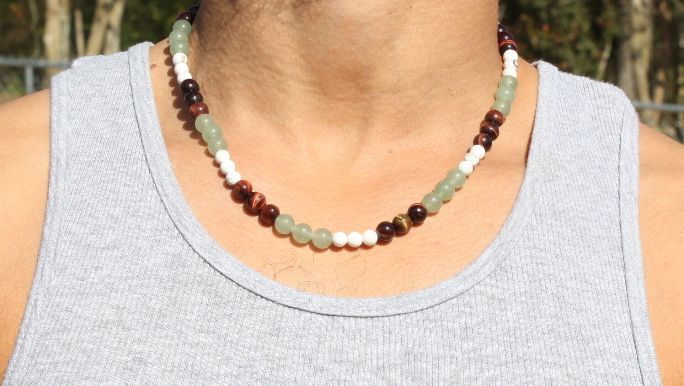 Echte Howlith, Grün Adventurine, Rote Tigerauge Halskette - Für Männer / Frauen - 6mm & 8mm Perlen - Mexiko Halskette