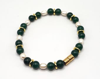 Green Jade and Pearl Bracelet - Gold Magnetic Clasp - Healing Crystals - Women's Jewelry