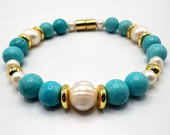Turquoise and Pearl Bracelet for Women - Gold Bracelet - Crystal Healing Jewelry - Magnetic Clasp