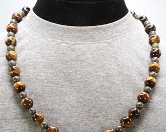 Genuine Tiger Eye & Pyrite Beaded Necklace - Gift for Him/Her