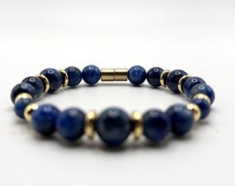 Natural Blue Kyanite, Gold Spacer Bracelet,  Gold Magnetic Clasp, Balance Crystal for Men & Women,