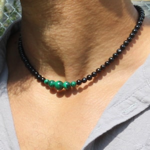 Onyx and Malachite Necklace for Men/Women Genuine Malachite Jewelry with easy lock magnet clasp