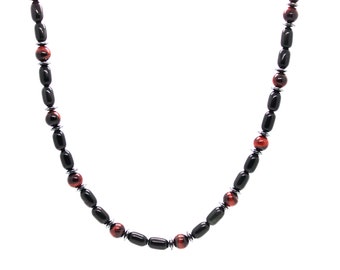 Obsidian Necklace For Men - Red Tiger Eye Beaded Necklace - Protection - Aura Shielding - World's Strongest Magnetic Clasp