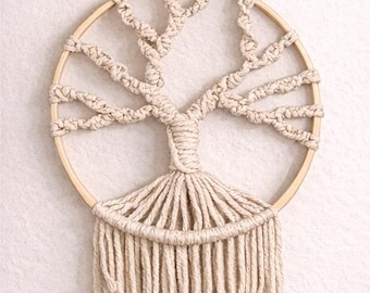 12 Inch Macrame Tree of Life Wall Hanging – Wooden Hoop – Handmade Cotton Macrame Cord – Neutral Wall Decor and Wall Art