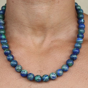 Colar de azurita genuína para homens/mulheres 8 mm/12 mm Crisocola Joia Coração Chakra Cura Amor Próprio