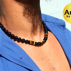 Mens Black Onyx Necklace for Protection Tigers Eye Necklace for Abundance & Prosperity Genuine Gemstone Necklaces Handmade in USA
