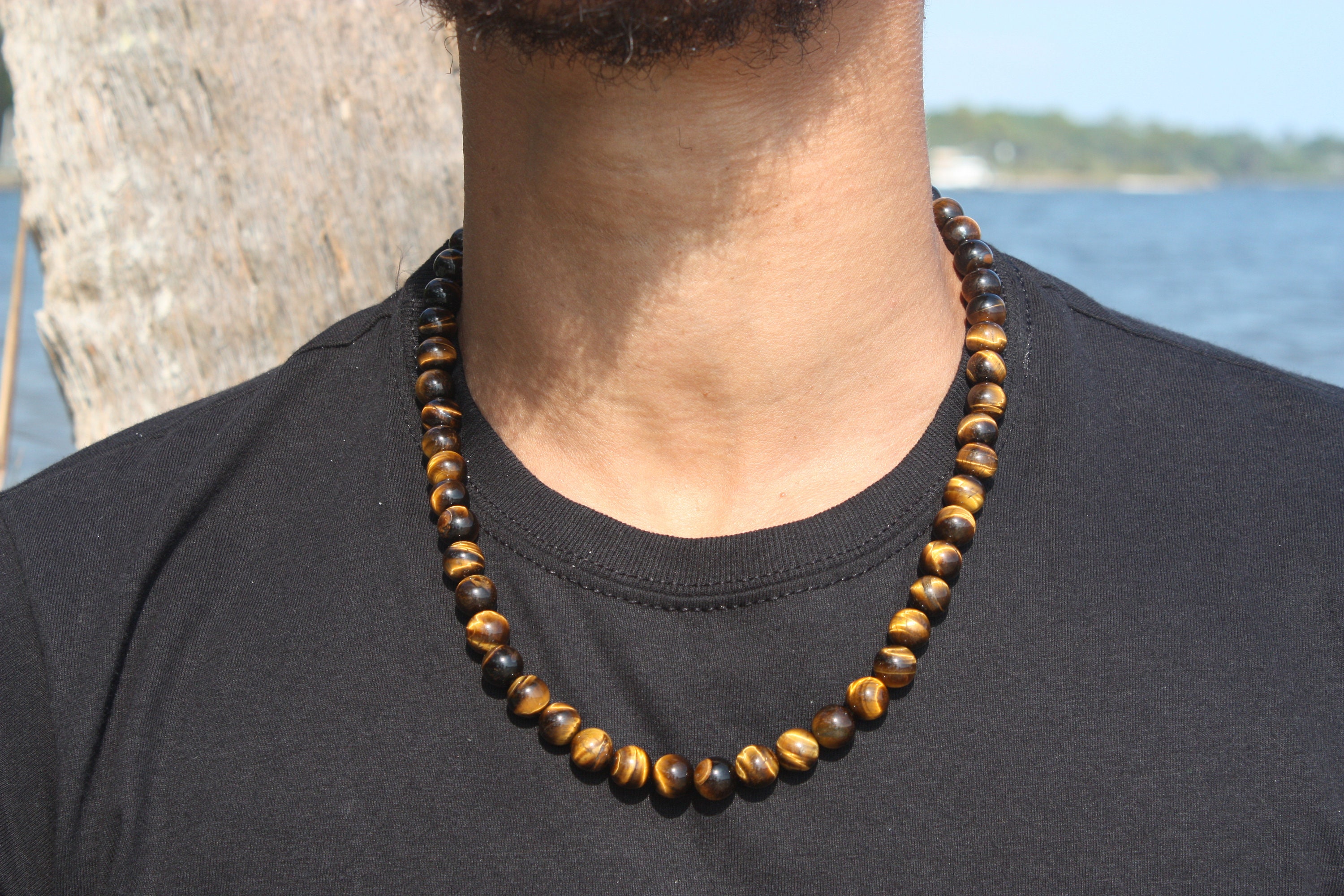 WESTMIAJW Mens Tigers Eye Beads Long Necklace Chain,Natural Gemstone Jewelry 60cm/70cm 