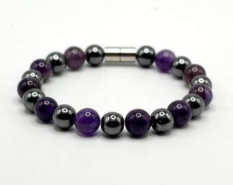 Amethyst & Hematite Bracelet – Purple Gemstone Beaded Bracelet – Magnetic Clasp – Mens Grounding Clarity Jewelry – Gift for Him