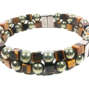Pyrite & Tiger Eye 2 Row Bead Bracelet For Men And Women - Confidence - Protection -Super Strong Magnetic Clasp