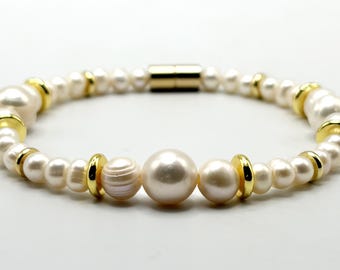 Pearl Bracelet Graduated Beads with Gold Spacers – Magnetic Clasp – Classic Unisex Jewelry