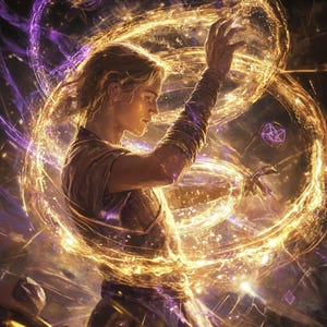 Puede incluir: Arte digital de una persona con cabello largo, vistiendo una parte superior marrón y brazaletes, rodeada de energía dorada y púrpura arremolinada. El brazo de la persona está levantado, con una mano extendida, y una forma geométrica es visible.