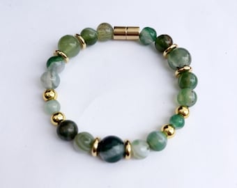 Green Agate Bracelet with Gold Spacers – Beaded Gemstone Bracelet – Magnetic Clasp – Unisex Balance Jewelry – Gift for Him or Her